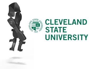 picture of pediatric exoskeleton next to Cleveland State University logo