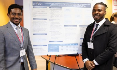 Kelechi Amamba (left) and Olufemi S. Oloniluyi (right) presenting their Credit Card Fraud Classification Using Applied Marchine Learning project at the 2025 OSC Research Symposium.